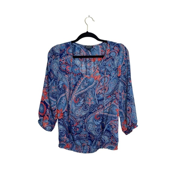 Lucky Brand Blue & Red Paisley Print Split Neck Semi-sheer Blouse Xsmall Women’s - Picture 9 of 9